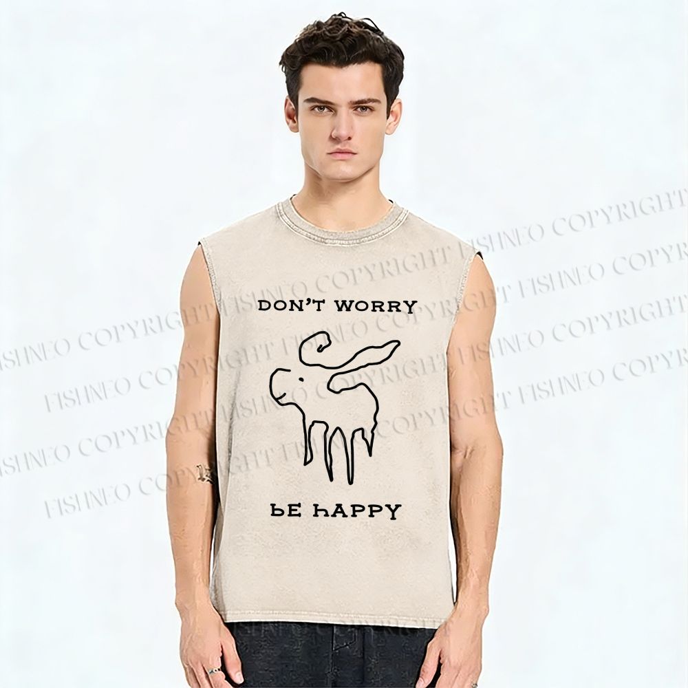 Unisex Don't Worry Be Happy Printed Washed Tank Top