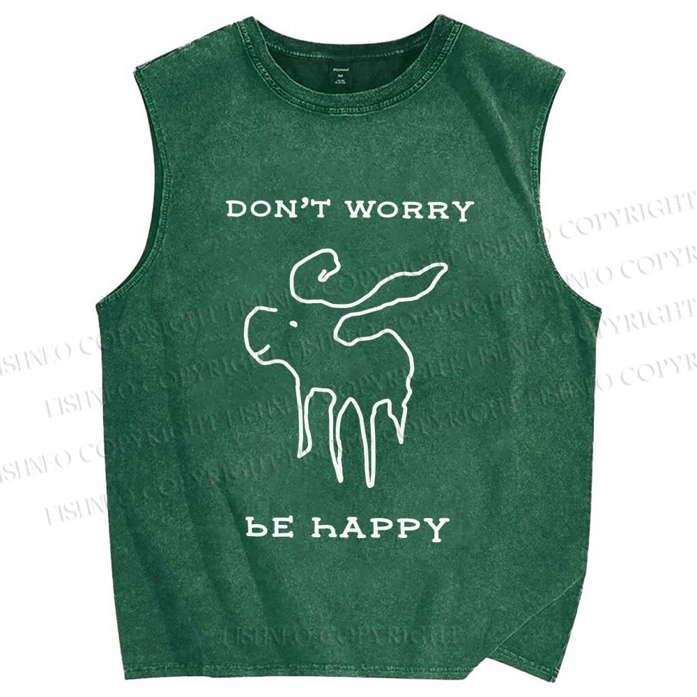 Unisex Don't Worry Be Happy Printed Washed Tank Top
