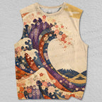 Unisex Great Wave With Flower Printed Tank Top