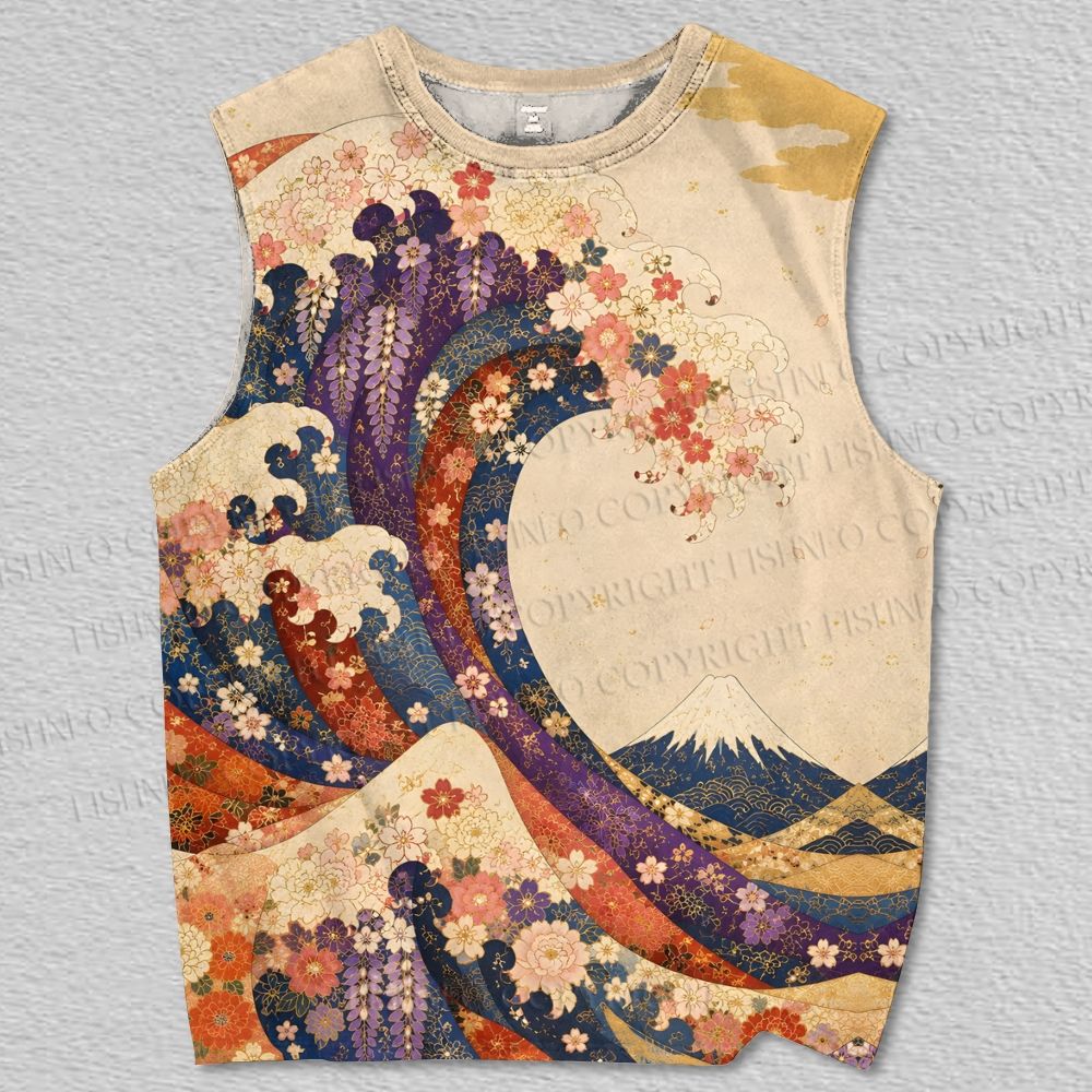 Unisex Great Wave With Flower Printed Tank Top