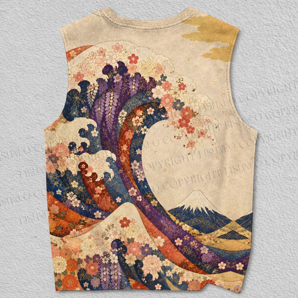 Unisex Great Wave With Flower Printed Tank Top