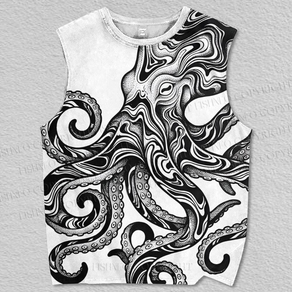 Unisex Black And White Octopus Printed Tank Top