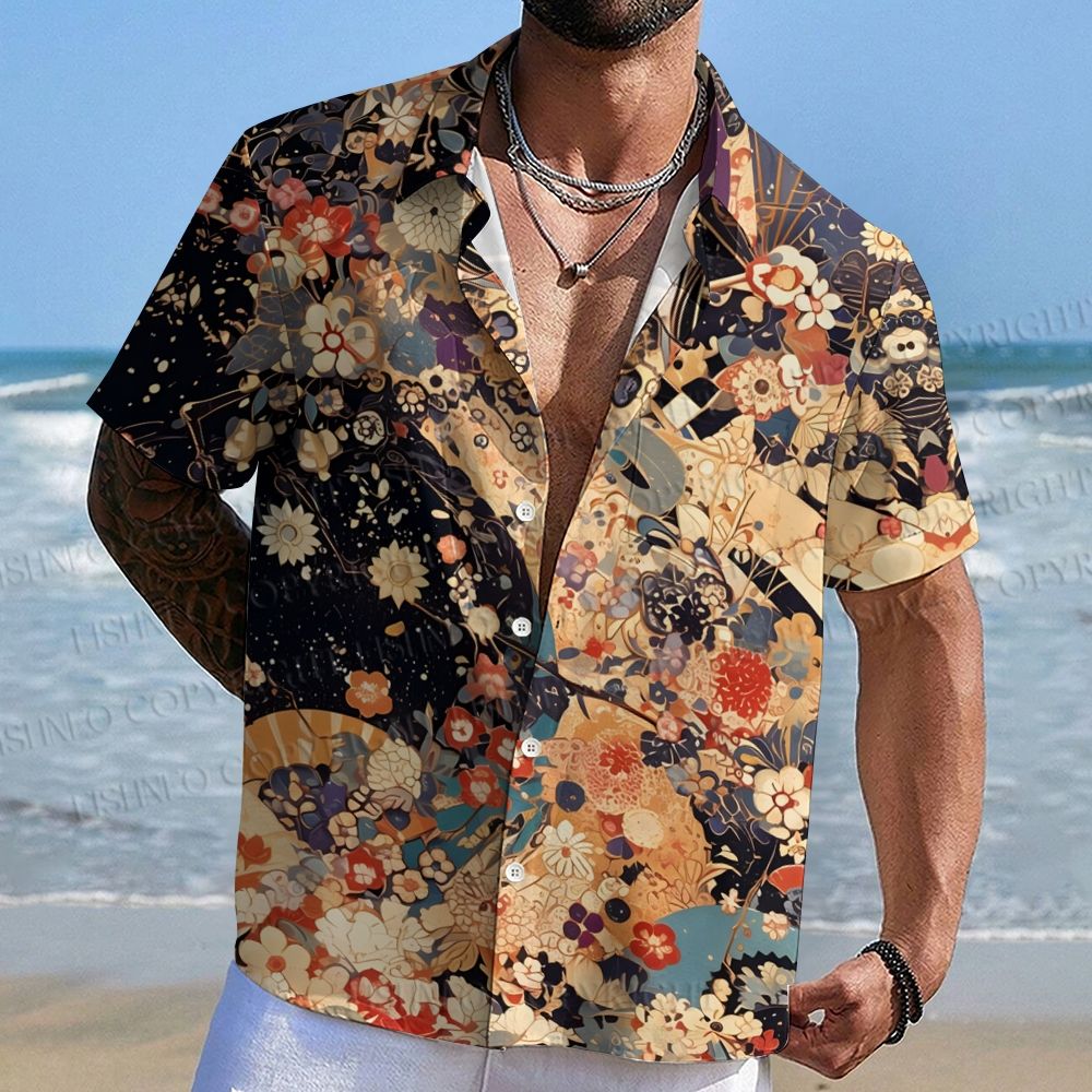Japanese-Style Flowers And Fans Hawaiian Shirt