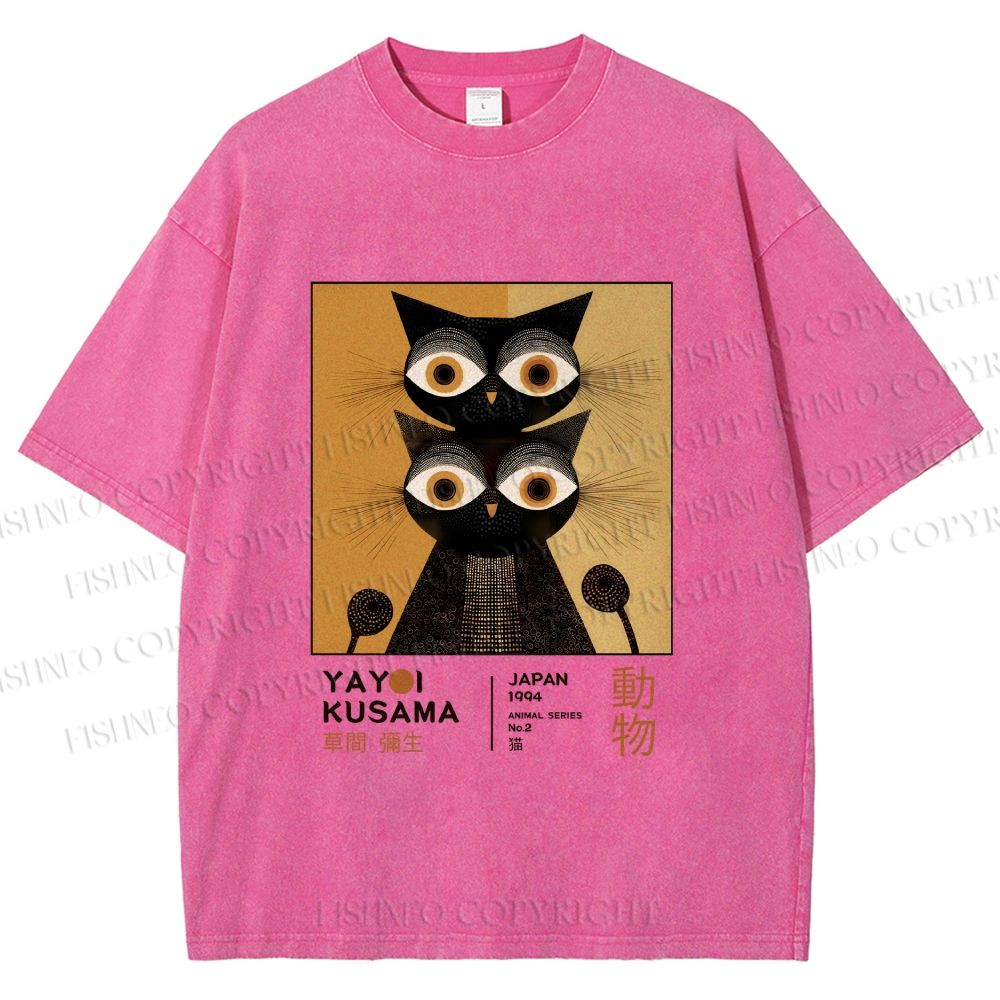 Unisex Yayoi Kusama Black Cat Printed Washed Tee