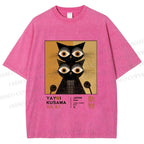 Unisex Yayoi Kusama Black Cat Printed Washed Tee