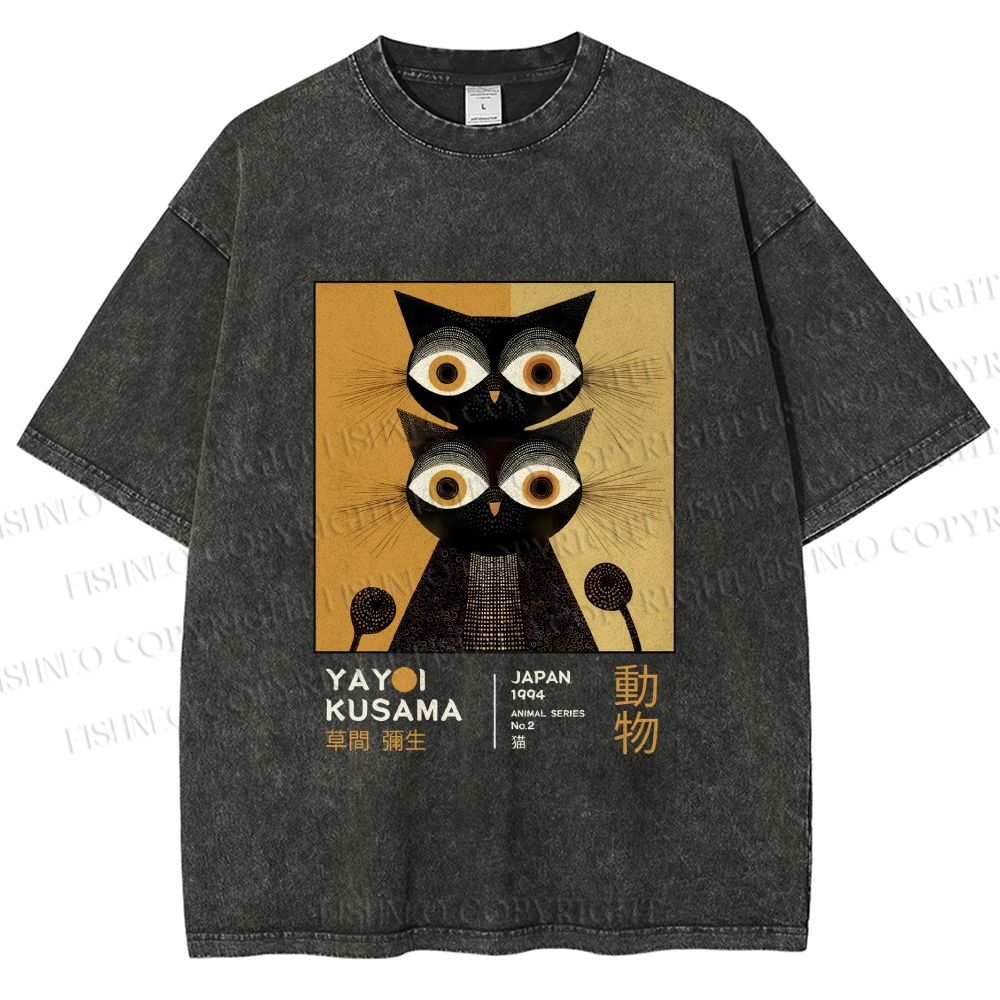 Unisex Yayoi Kusama Black Cat Printed Washed Tee
