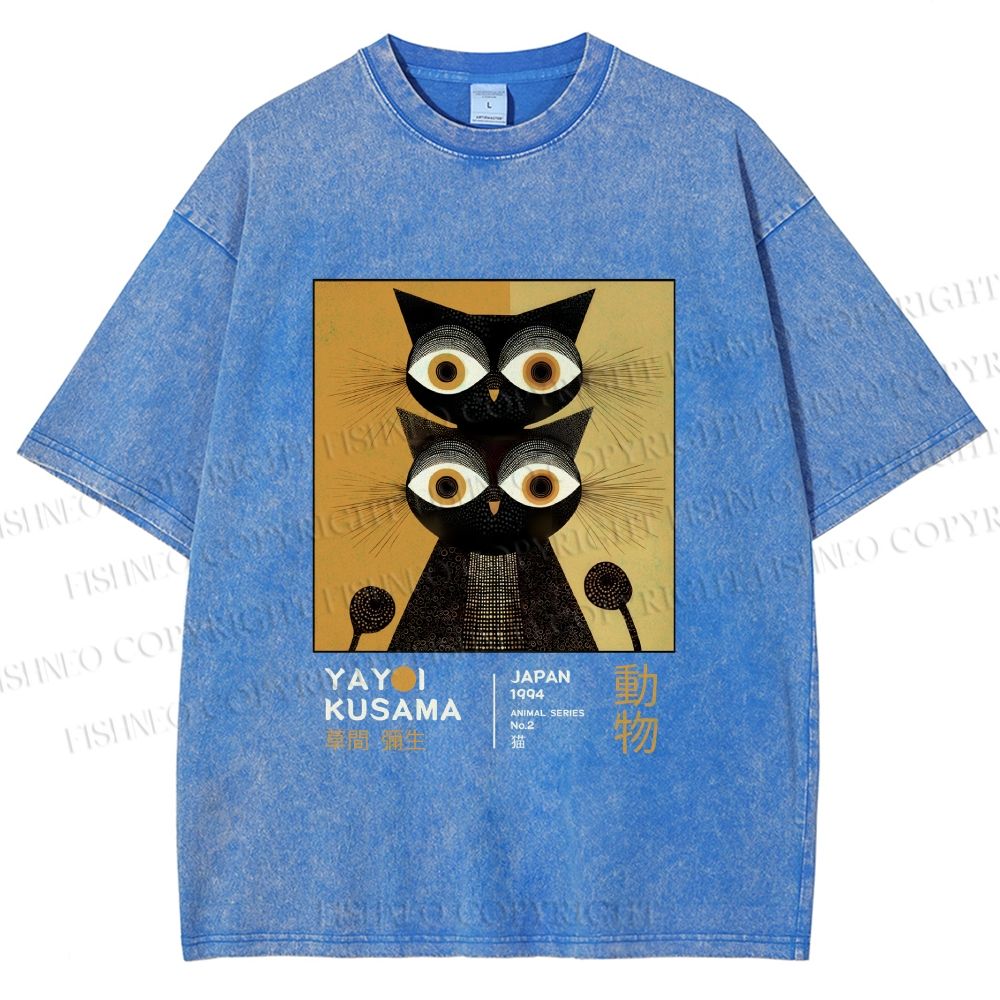 Unisex Yayoi Kusama Black Cat Printed Washed Tee