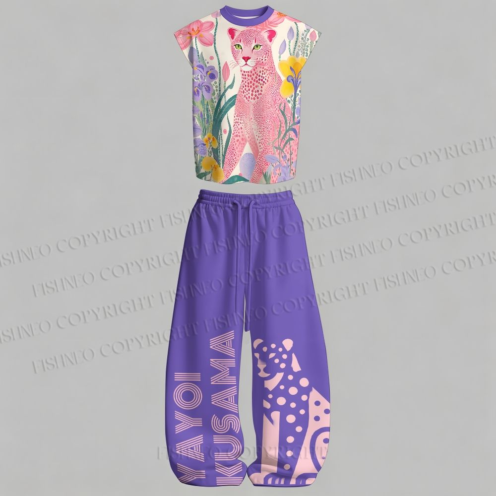 Men's Yayoi Kusama Pink Cheetah Sleeveless Tank Top & Elasticated Trousers pants Two-Piece Streetwear Set