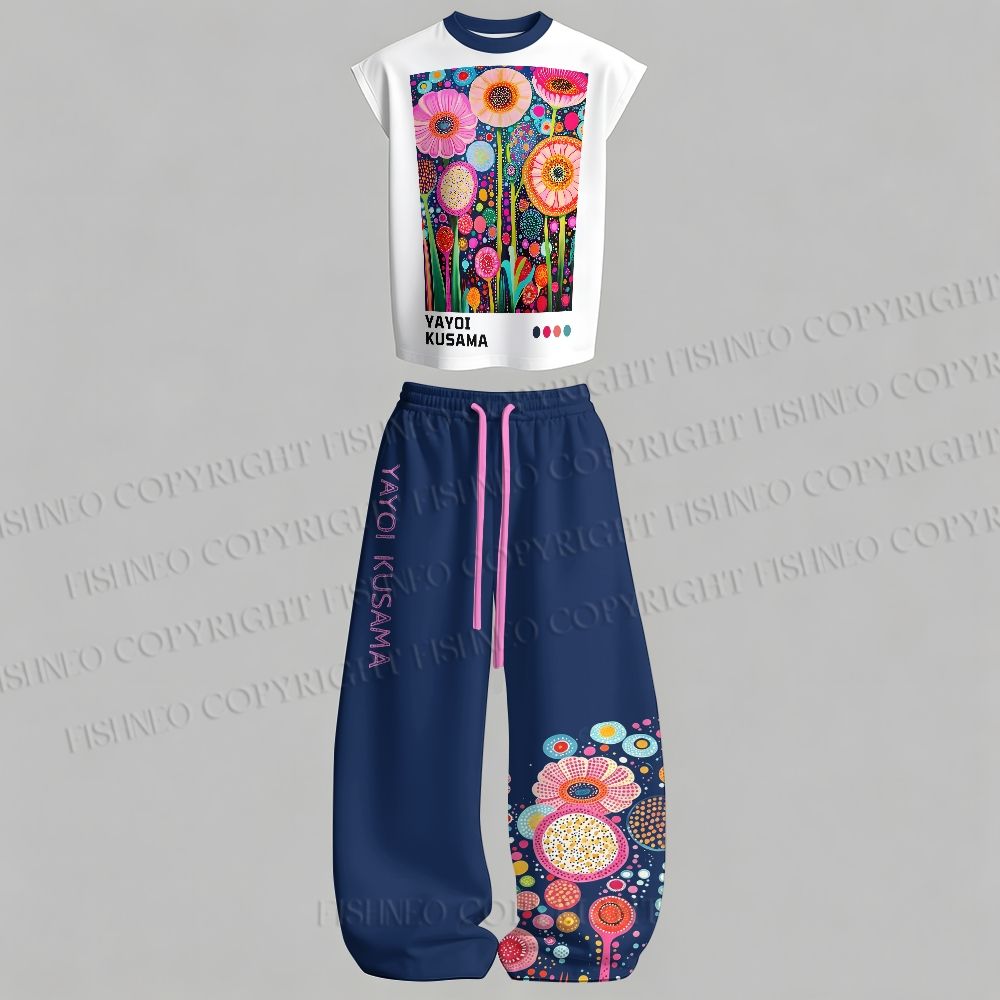 Men's Yayoi Kusama Flower Sleeveless Tank Top & Elasticated Trousers pants Two-Piece Streetwear Set