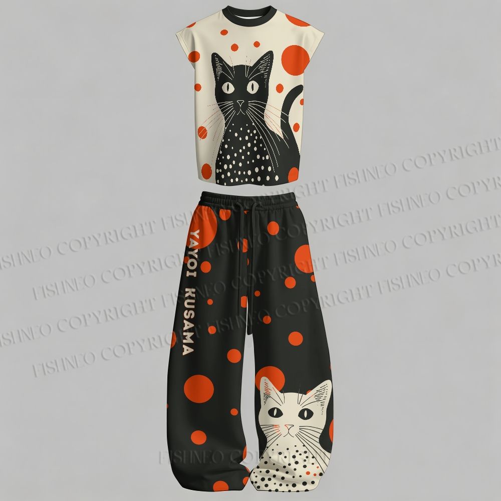 Men's Yayoi Kusama Black Cat Sleeveless Tank Top & Elasticated Trousers pants Two-Piece Streetwear Set