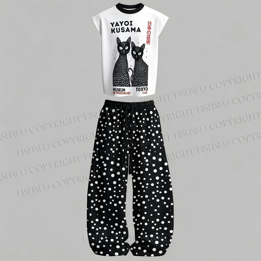 Men's Yayoi Kusama Black Cat Sleeveless Tank Top & Elasticated Trousers pants Two-Piece Streetwear Set