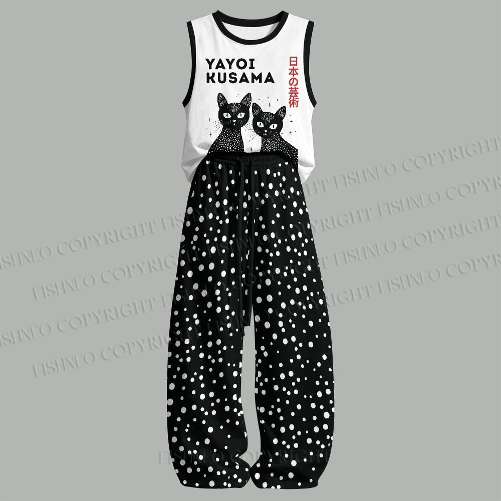 Unisex Yayoi Kusama Black Cat Loose Tank Top Set