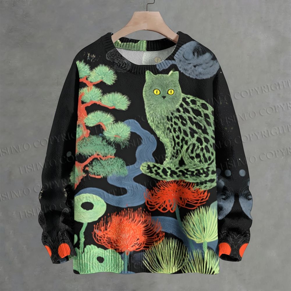 Green Cat In Forest Crew Neck Sweater