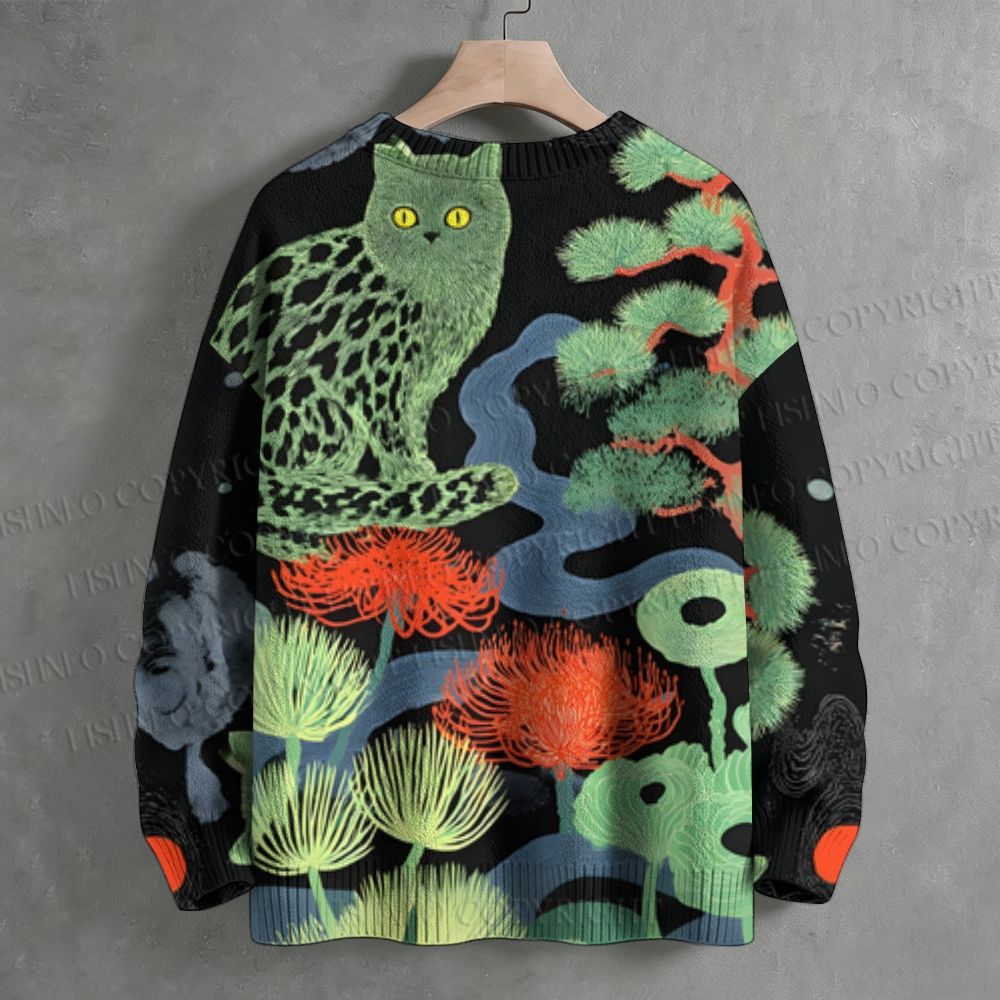 Green Cat In Forest Crew Neck Sweater