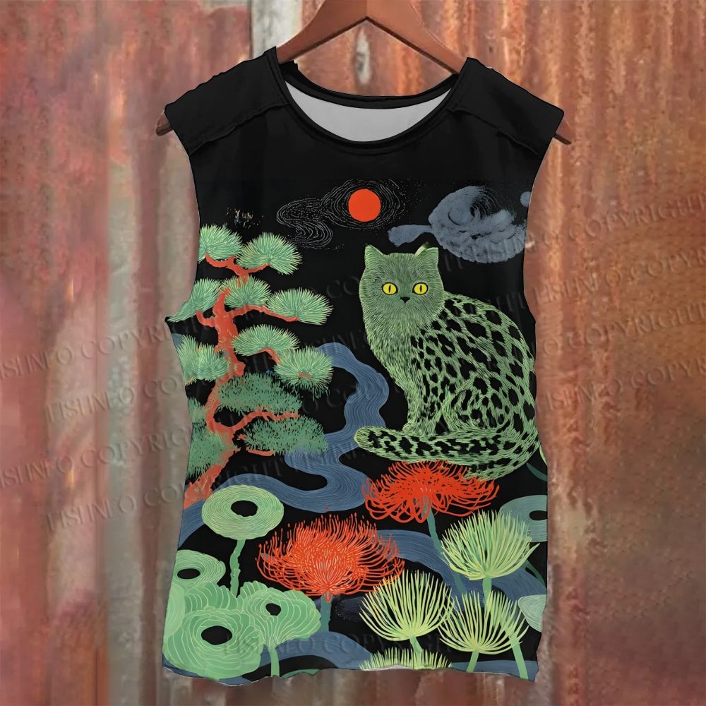 Unisex Casual Green Cat In Forest Printed Tank Top