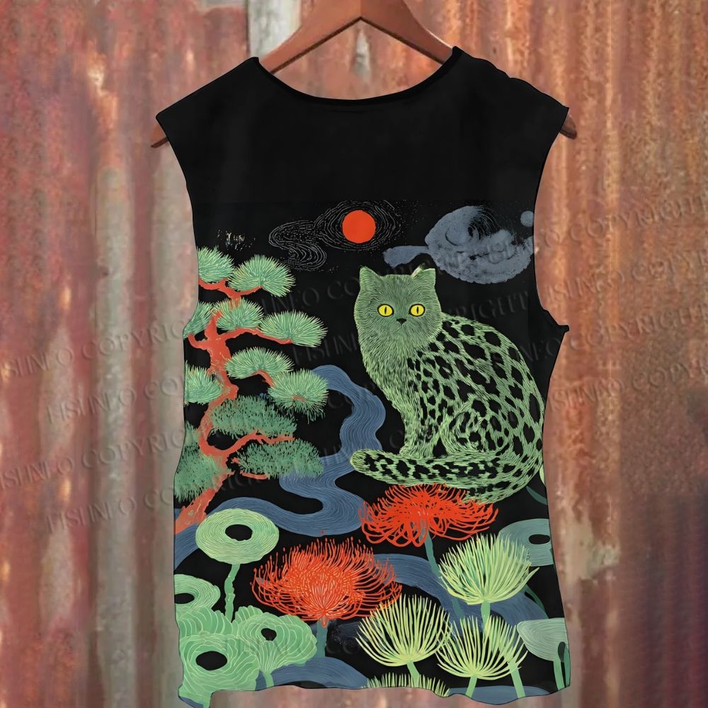 Unisex Casual Green Cat In Forest Printed Tank Top