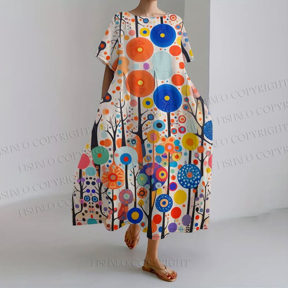 Women's Yayoi Kusama Polka Dot Forest loose Fit round neck long sleeve maxi dress dress