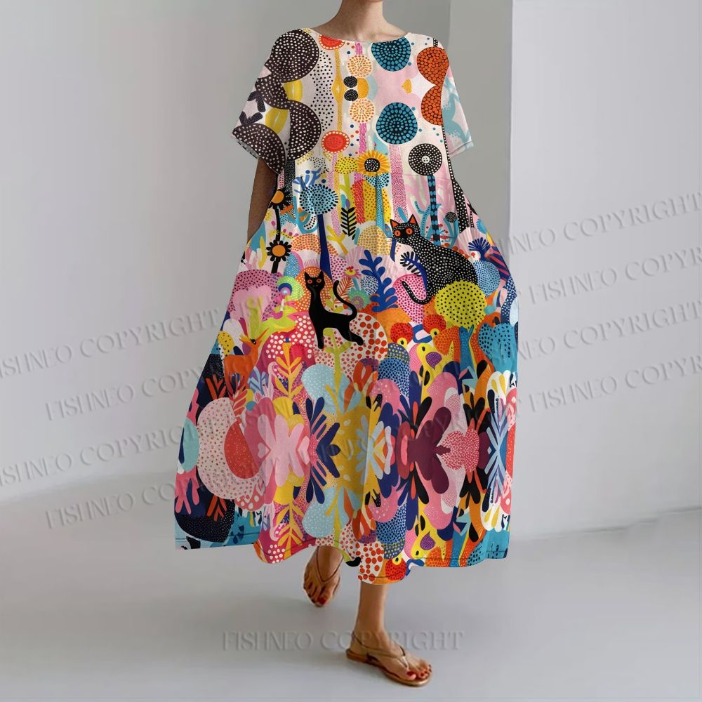 Women's Yayoi Kusama Forest Cat loose Fit round neck long sleeve maxi dress dress