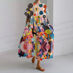 Women's Yayoi Kusama Forest Cat loose Fit round neck long sleeve maxi dress dress