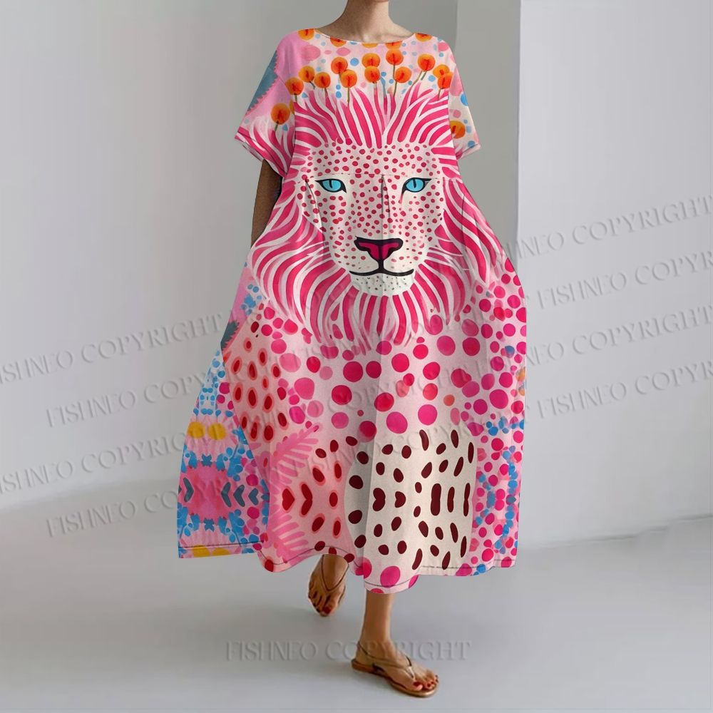 Women's Yayoi Kusama Lion Printed loose Fit round neck long sleeve maxi dress dress