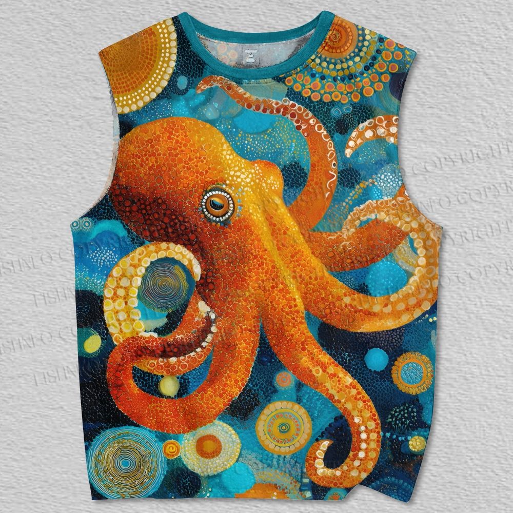 Unisex Orange Octopus With Dots Printed Tank Top