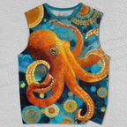 Unisex Orange Octopus With Dots Printed Tank Top