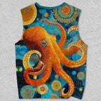 Unisex Orange Octopus With Dots Printed Tank Top