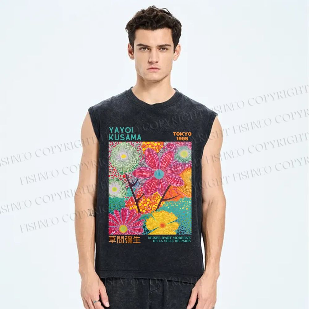 Unisex Yayoi Kusama Flowers Printed Washed Tank Top