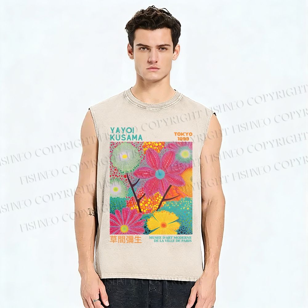 Unisex Yayoi Kusama Flowers Printed Washed Tank Top