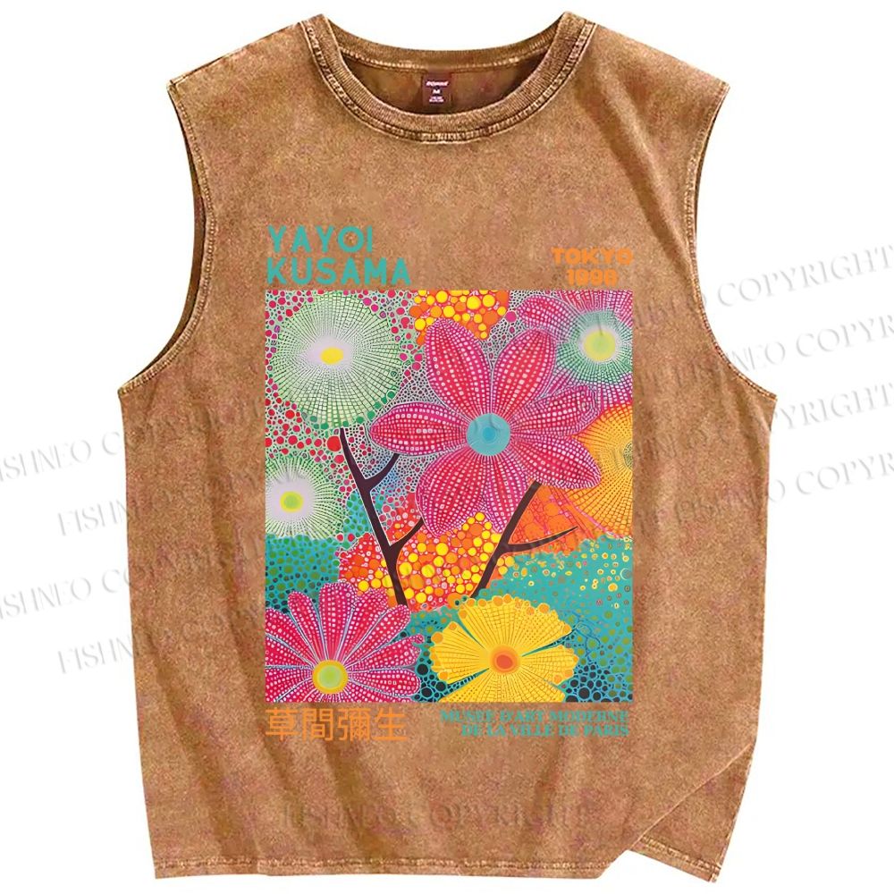 Unisex Yayoi Kusama Flowers Printed Washed Tank Top