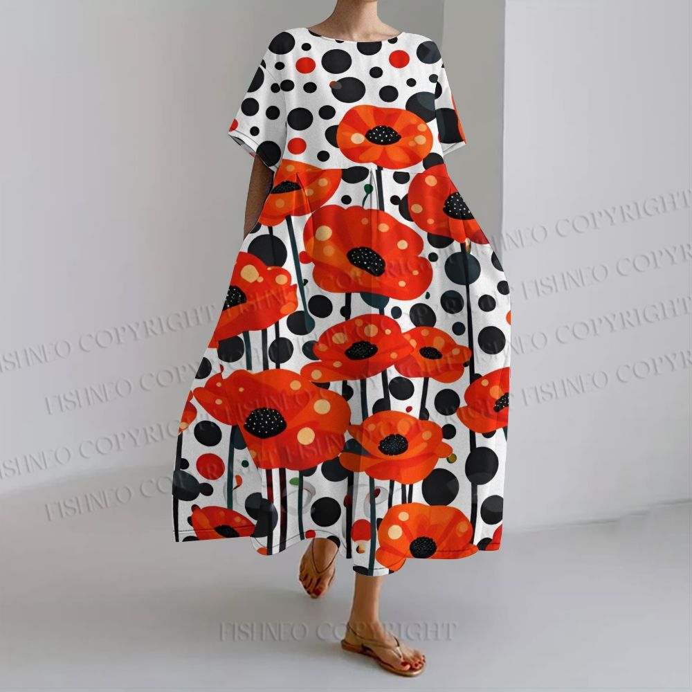 Japanese Yayoi Kusama Flower Women's loose Fit round neck long sleeve maxi dress dress