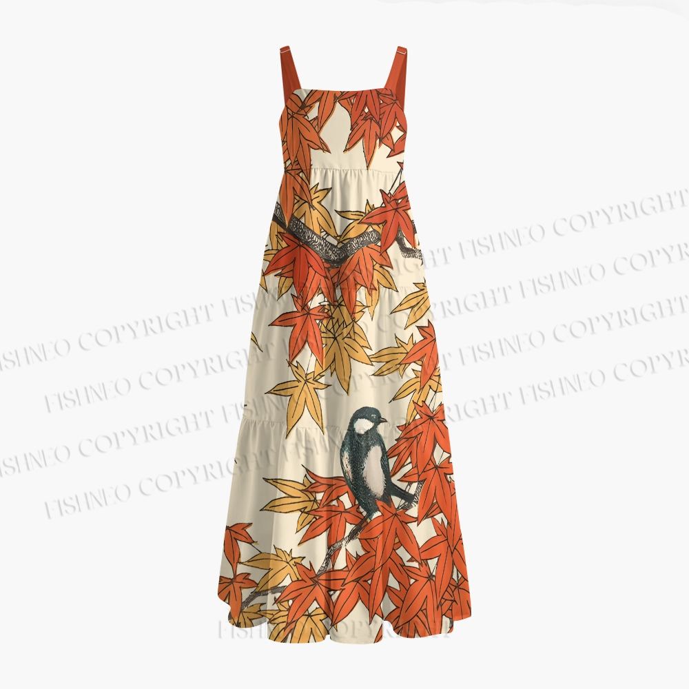 Vintage Bird in Maple Leaves Maxi Dresses