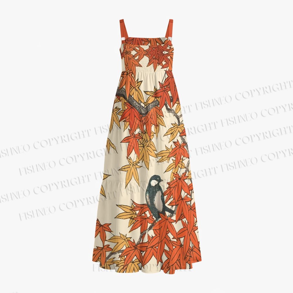 Vintage Bird in Maple Leaves Maxi Dresses