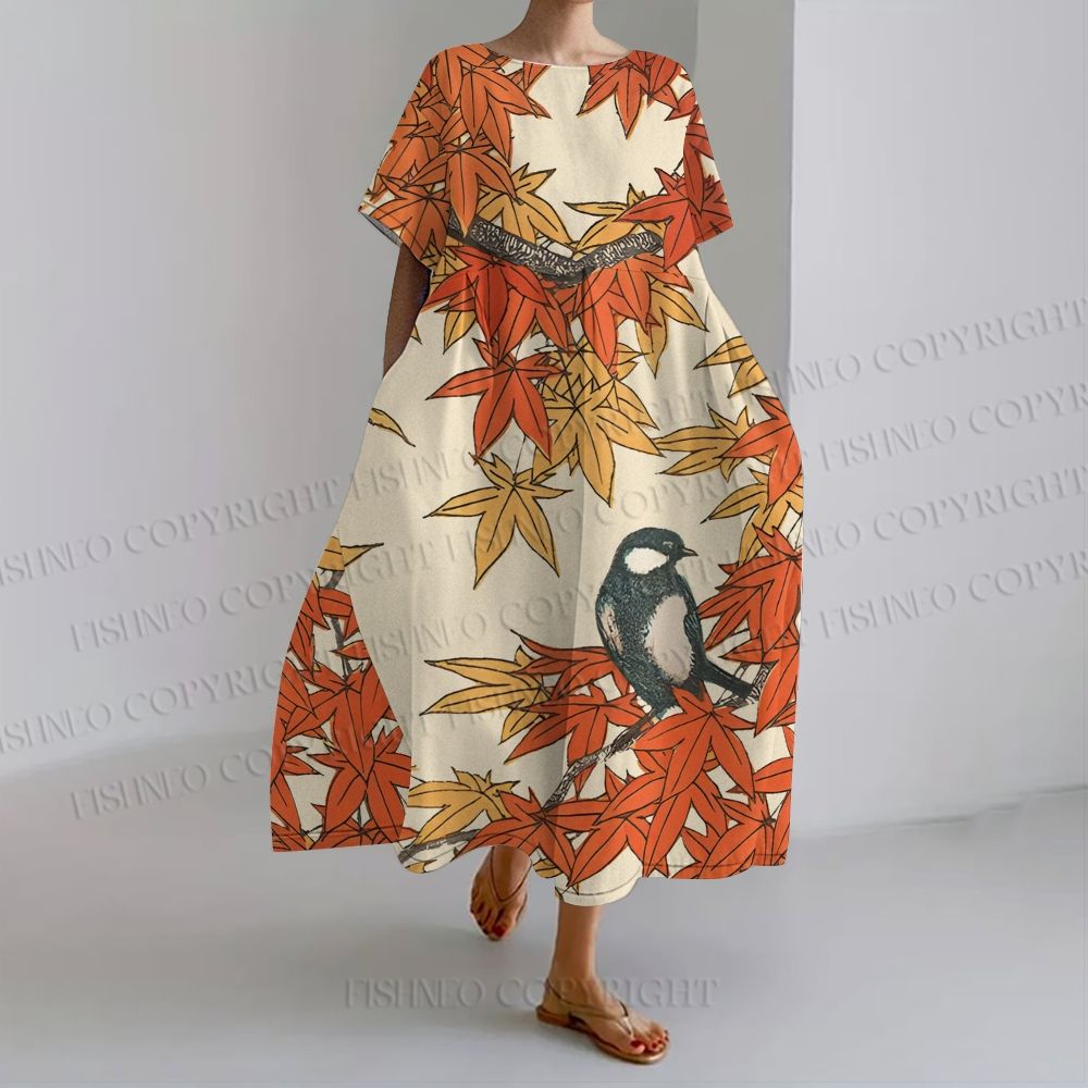 Vintage Bird in Maple Leaves Women's loose Fit round neck long sleeve maxi dress dress