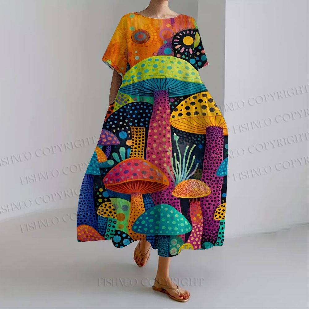 Yayoi Kusama Multicolor Mushroom Women's loose Fit round neck long sleeve maxi dress dress