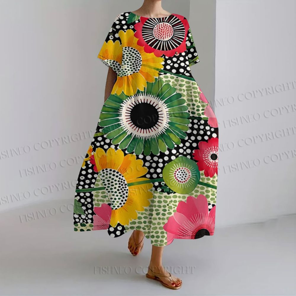 Flowers Yayoi Kusama Women's loose Fit round neck long sleeve maxi dress dress