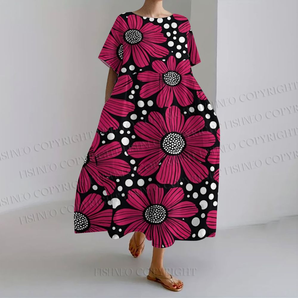 Yayoi Kusama Giant Pink Flowers Women's loose Fit round neck long sleeve maxi dress dress