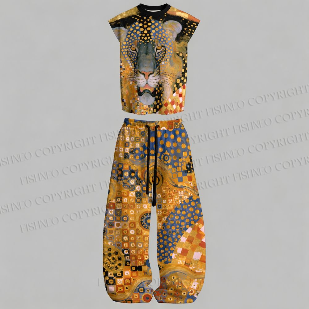 Men's Klimt Style Lion Art Sleeveless Tank Top & Elasticated Trousers pants Two-Piece Streetwear Set