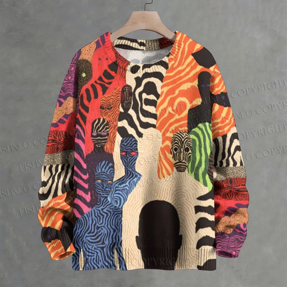 Abstract Zebra-Striped Figures Crew Neck Sweater
