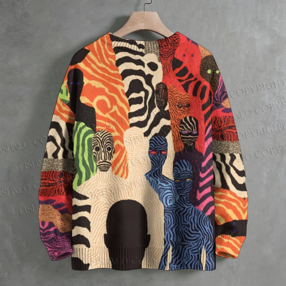 Abstract Zebra-Striped Figures Crew Neck Sweater