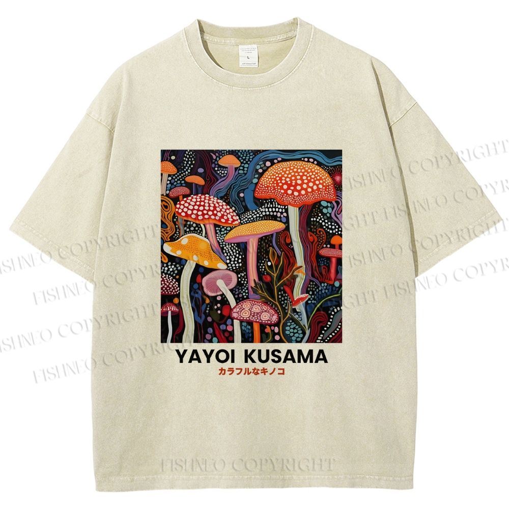 Unisex Yayoi Kusama Mushroom Printed Washed Tee