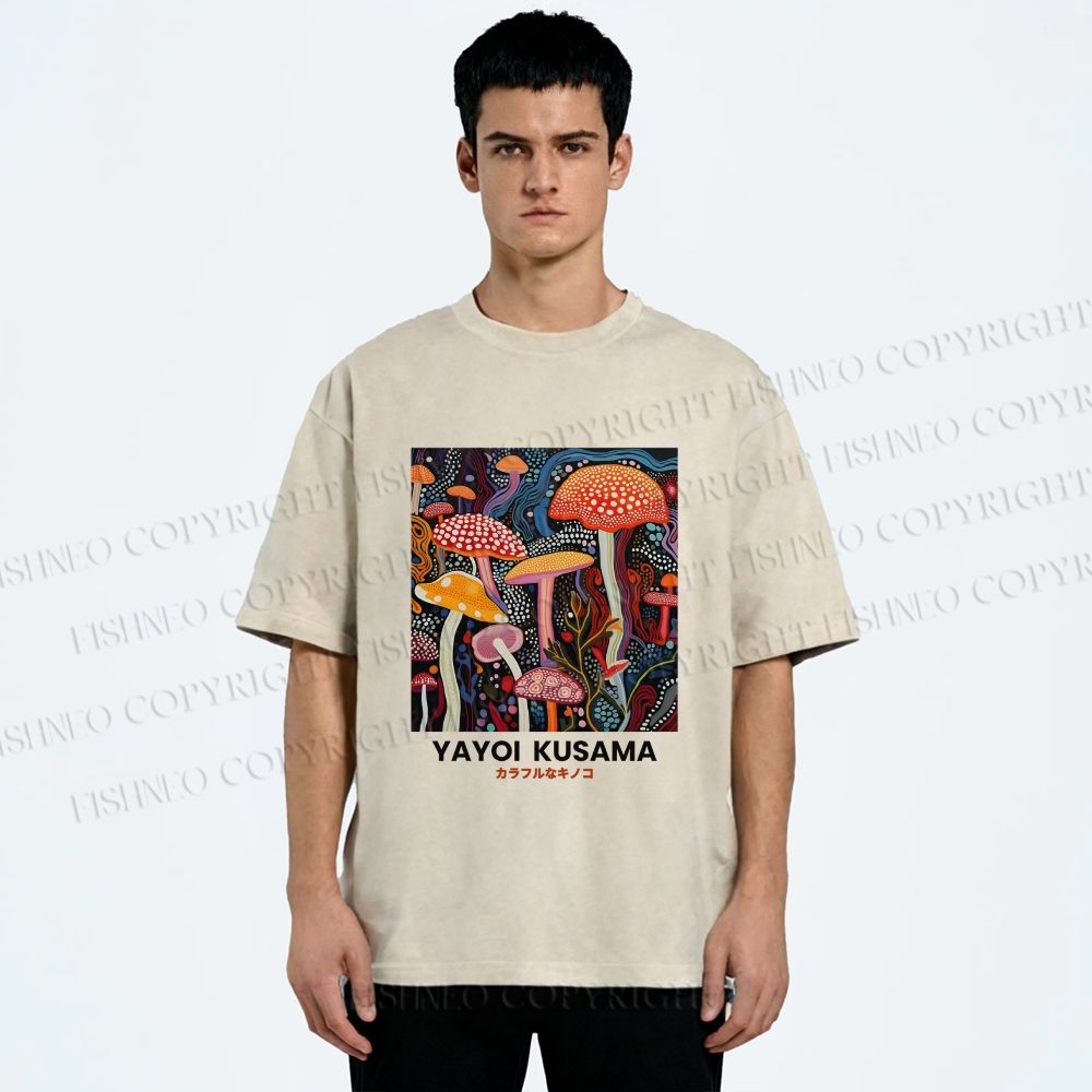 Unisex Yayoi Kusama Mushroom Printed Washed Tee