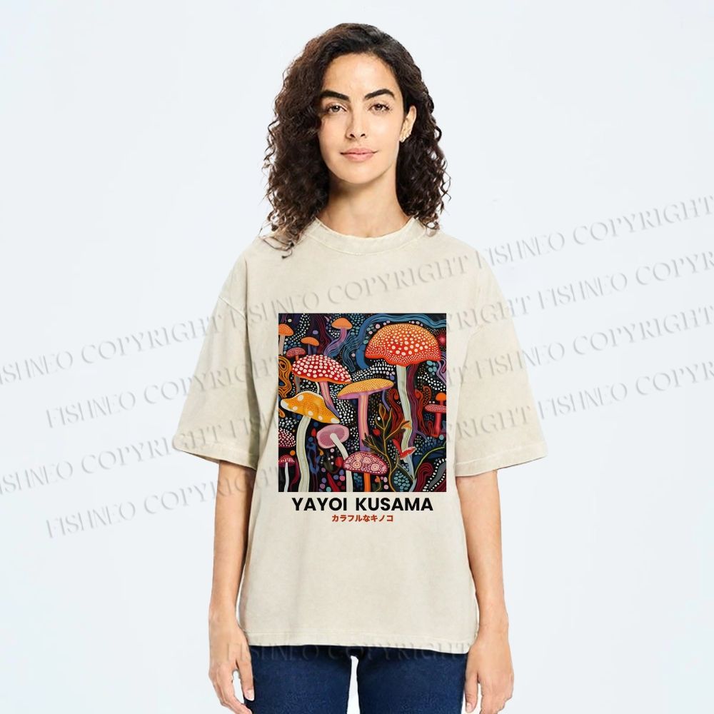 Unisex Yayoi Kusama Mushroom Printed Washed Tee