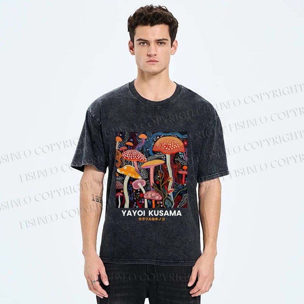 Unisex Yayoi Kusama Mushroom Printed Washed Tee