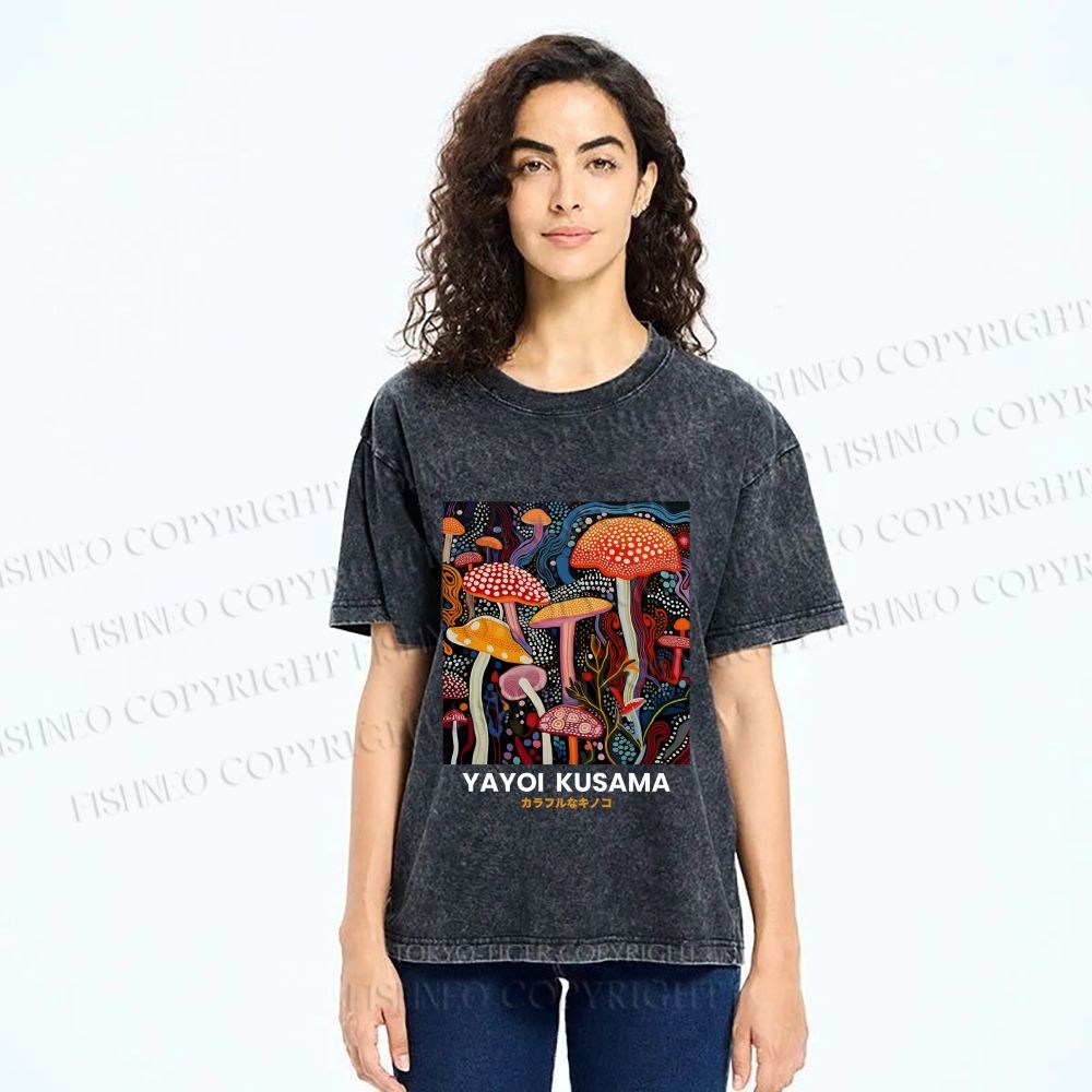Unisex Yayoi Kusama Mushroom Printed Washed Tee
