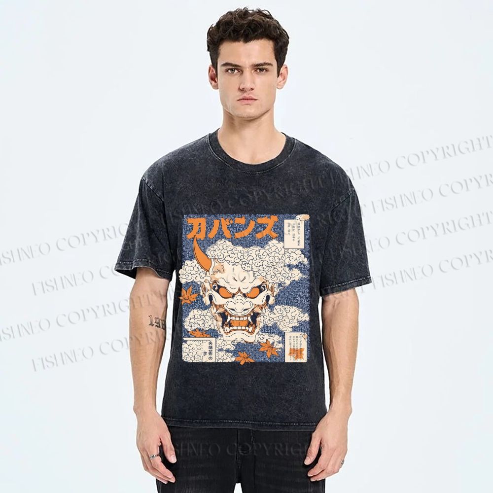 Unisex Japanese Oni Mask Printed Washed Tee