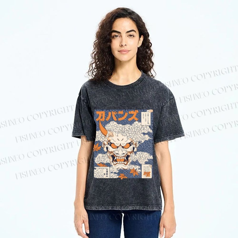 Unisex Japanese Oni Mask Printed Washed Tee