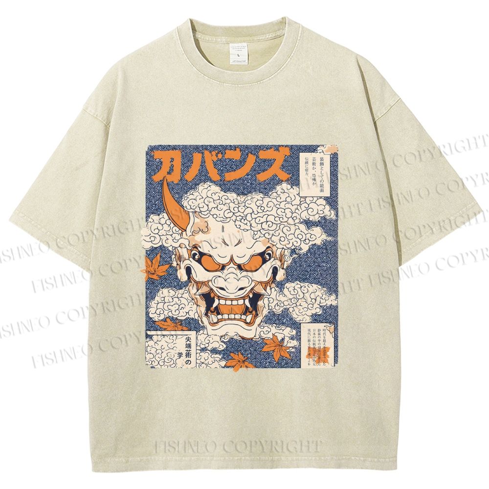 Unisex Japanese Oni Mask Printed Washed Tee