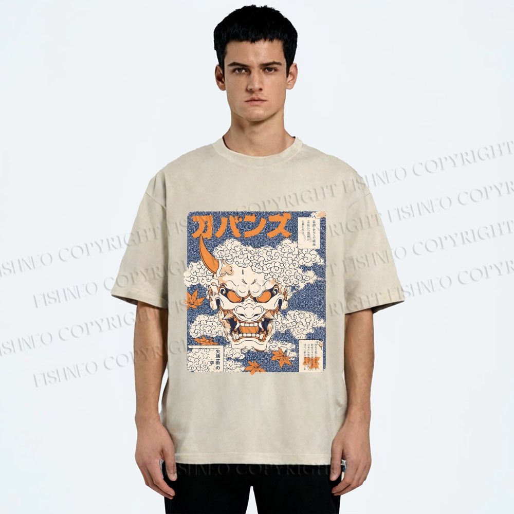 Unisex Japanese Oni Mask Printed Washed Tee