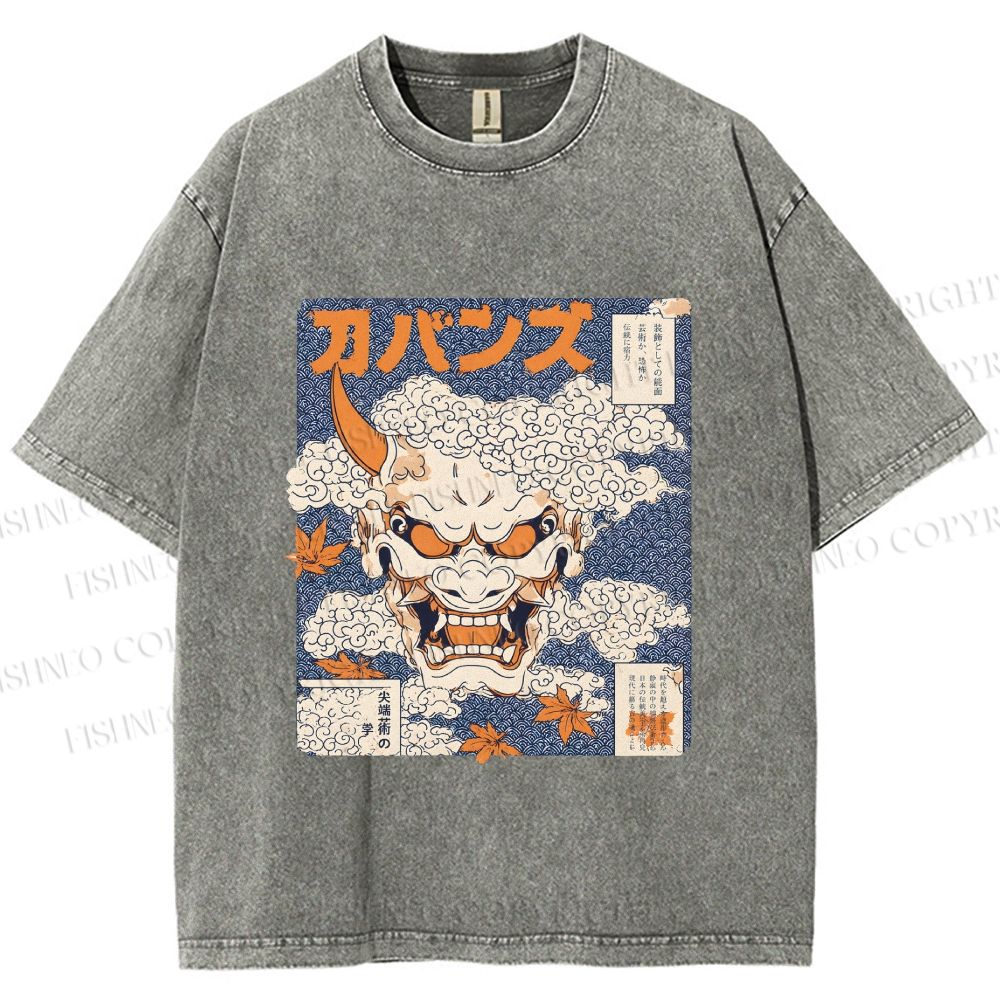 Unisex Japanese Oni Mask Printed Washed Tee